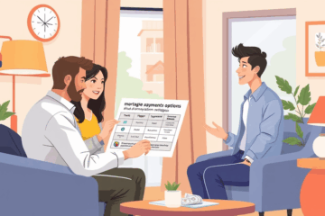 Illustration d'une personne examinant des options de crédit immobilier avec des mensualités réduites.
