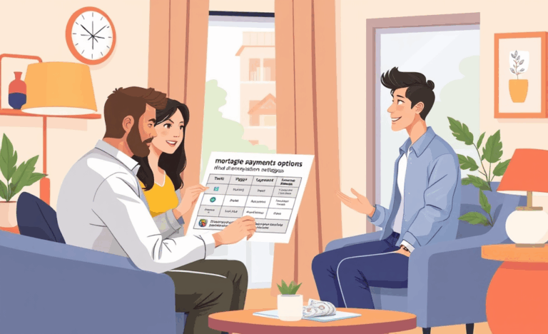 Illustration d'une personne examinant des options de crédit immobilier avec des mensualités réduites.
