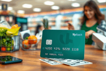 Une carte bancaire sans frais annuels avec système de cashback illustrant des économies sur les achats.