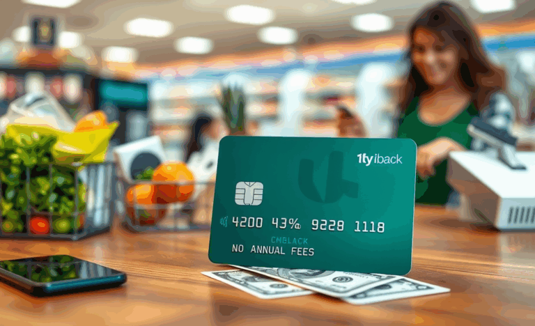 Une carte bancaire sans frais annuels avec système de cashback illustrant des économies sur les achats.
