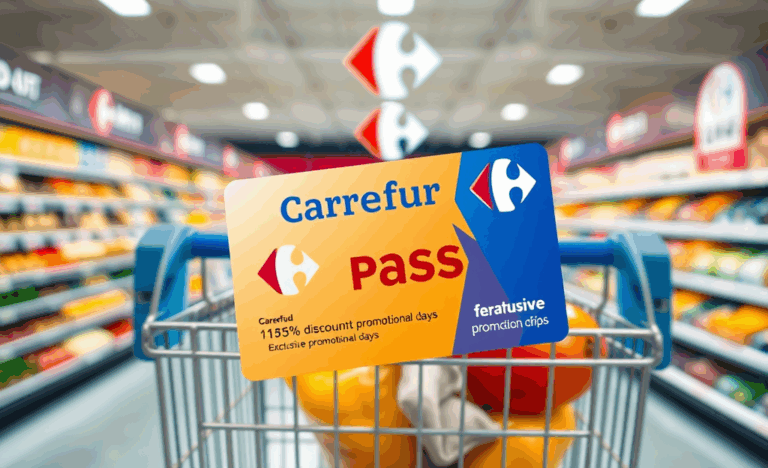 Image représentant les avantages de la Carte Carrefour Pass avec des promotions et des remises.