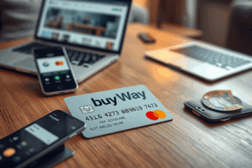 Image illustrant les avantages de la Carte Buy Way Mastercard avec des fonctionnalités de paiement en ligne et en magasin.