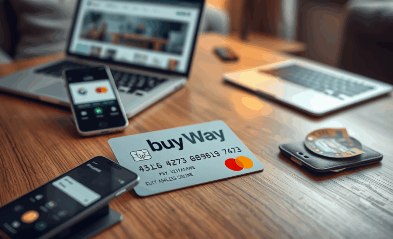 Image illustrant les avantages de la Carte Buy Way Mastercard avec des fonctionnalités de paiement en ligne et en magasin.