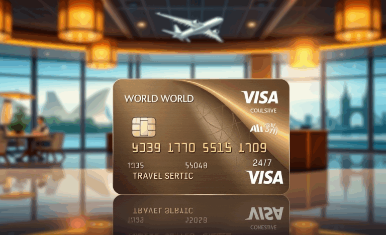 Carte Visa World Card mettant en avant ses avantages exclusifs et services de conciergerie.