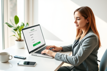 Jeune femme dans un bureau moderne recevant une approbation simple pour un crédit digital accessible via son ordinateur portable