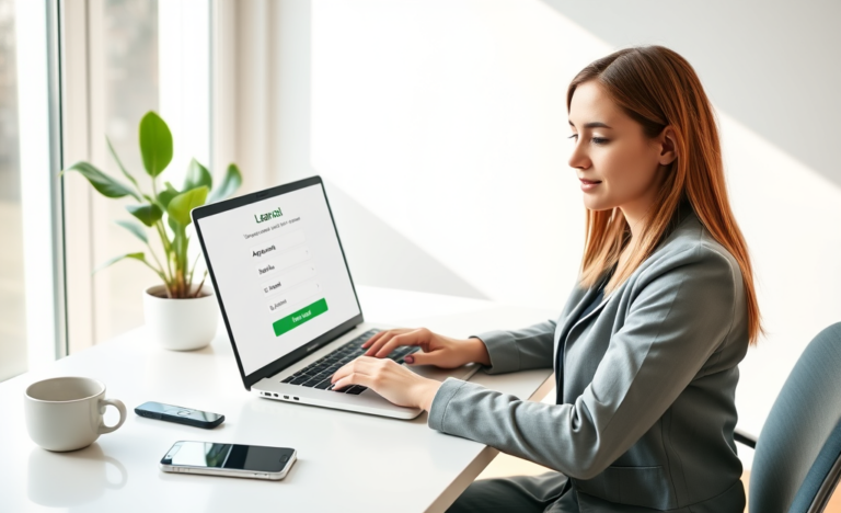 Jeune femme dans un bureau moderne recevant une approbation simple pour un crédit digital accessible via son ordinateur portable