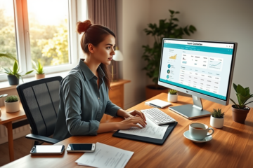 Jeune femme dans un bureau moderne comparant des options de prêt personnel rapide en ligne sur un ordinateur avec lumière naturelle
