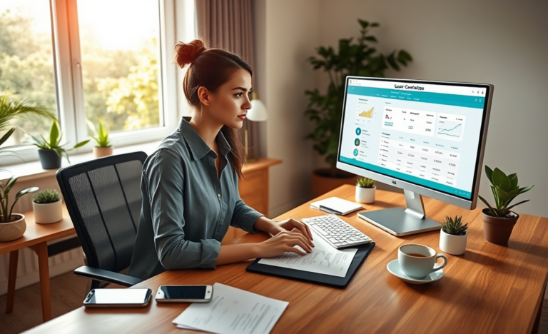Jeune femme dans un bureau moderne comparant des options de prêt personnel rapide en ligne sur un ordinateur avec lumière naturelle