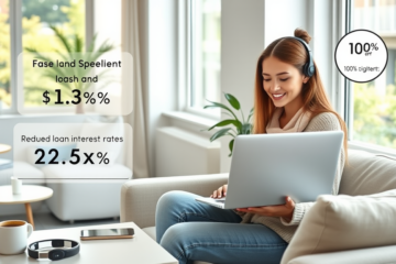 Jeune femme professionnelle dans un bureau moderne utilisant un ordinateur portable pour une demande de prêt en ligne rapide avec taux réduits et processus 100% numérique