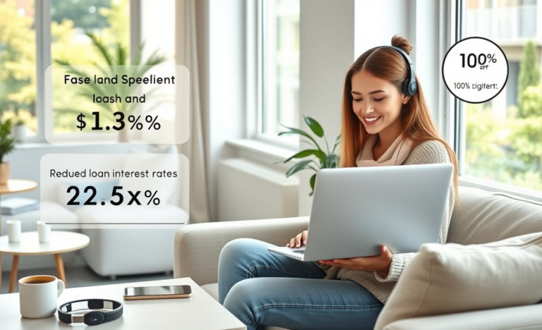 Jeune femme professionnelle dans un bureau moderne utilisant un ordinateur portable pour une demande de prêt en ligne rapide avec taux réduits et processus 100% numérique