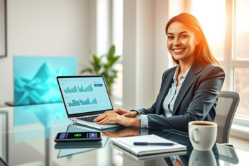 Jeune femme souriante utilise un ordinateur portable dans un bureau moderne, symbolisant crédit digital rapide avec taux compétitifs et accord simplifié