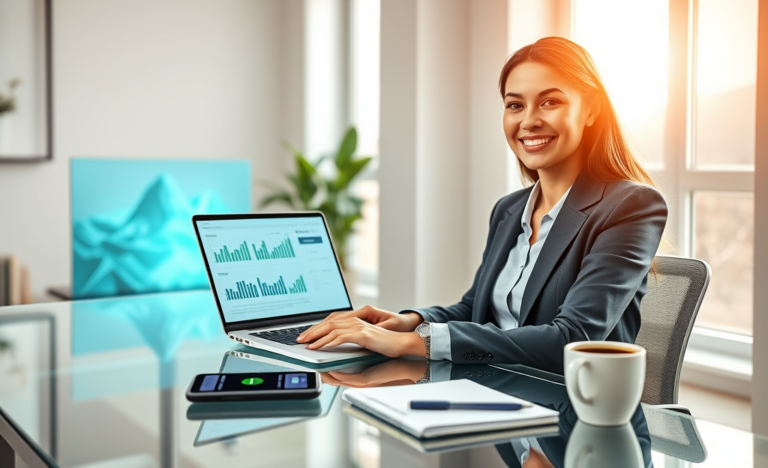 Jeune femme souriante utilise un ordinateur portable dans un bureau moderne, symbolisant crédit digital rapide avec taux compétitifs et accord simplifié