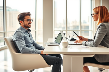 Client et conseillère dans un bureau lumineux discutant d'un prêt personnel accessible avec conditions simples et réponse rapide