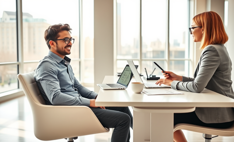 Client et conseillère dans un bureau lumineux discutant d'un prêt personnel accessible avec conditions simples et réponse rapide