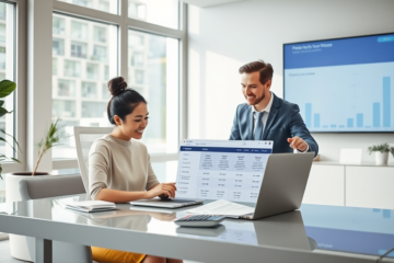Jeune femme et conseiller financier analysant ensemble sur un ordinateur portable les options de prêt personnel rapide en bureau moderne et lumineux