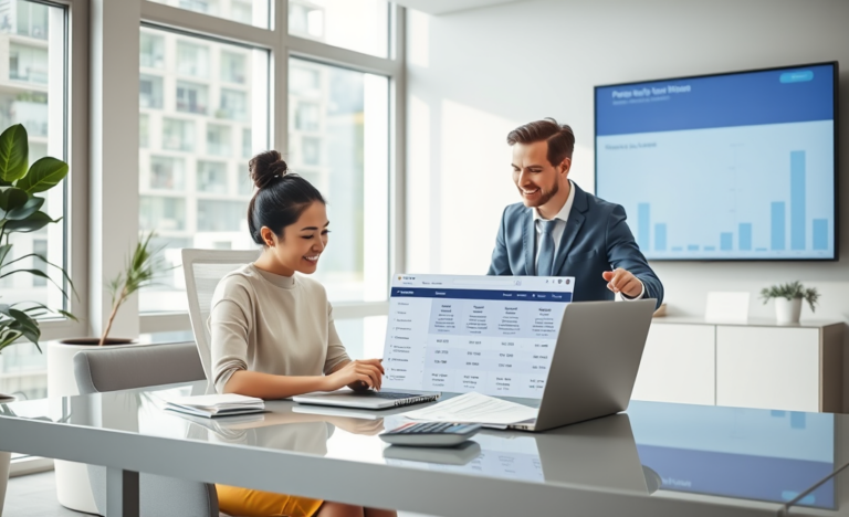 Jeune femme et conseiller financier analysant ensemble sur un ordinateur portable les options de prêt personnel rapide en bureau moderne et lumineux