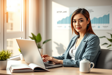 Jeune femme professionnelle utilisant un ordinateur portable dans un bureau moderne lumineux pour un prêt en ligne rapide à taux réduits et souscription simplifiée