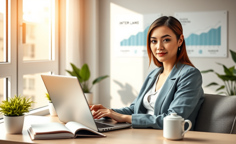 Jeune femme professionnelle utilisant un ordinateur portable dans un bureau moderne lumineux pour un prêt en ligne rapide à taux réduits et souscription simplifiée